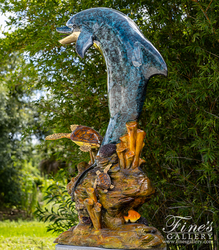 Bronze Fountains  - 78 Inch Tall Baked Enamel Bronze Dolphin With Sea Turtles - BF-904